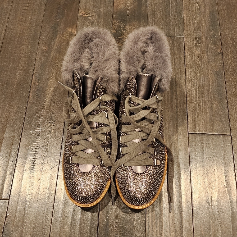 INC International Concepts Gray Sparkle Lace-Up Faux Fur Boot Sneakers